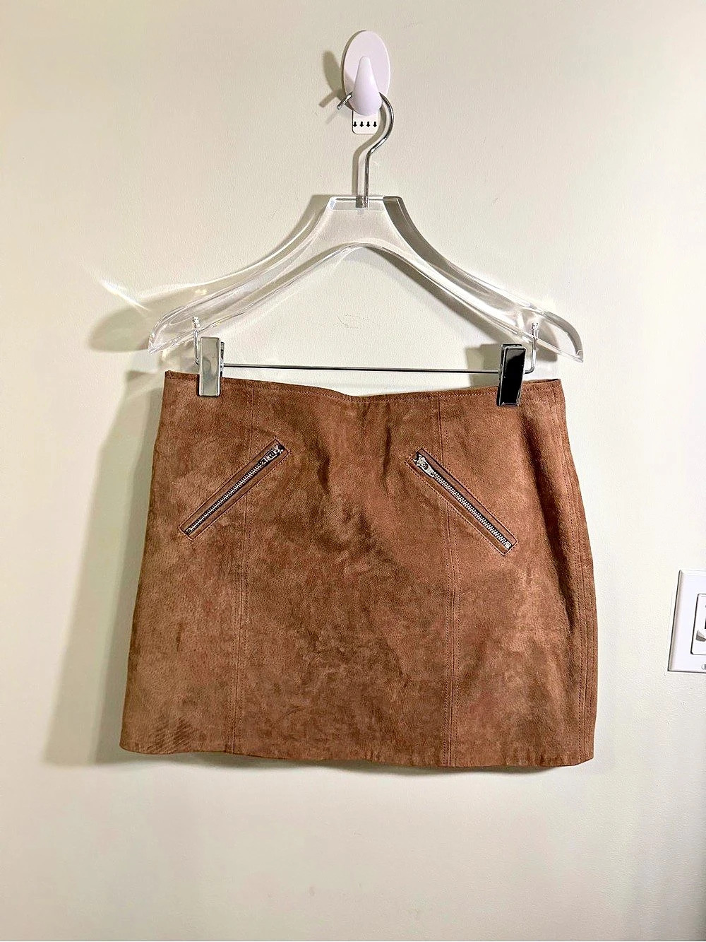 BLANKNYC Brown Suede Leather Mini Skirt Size 28 Zipper Pocket Moto Fall EUC